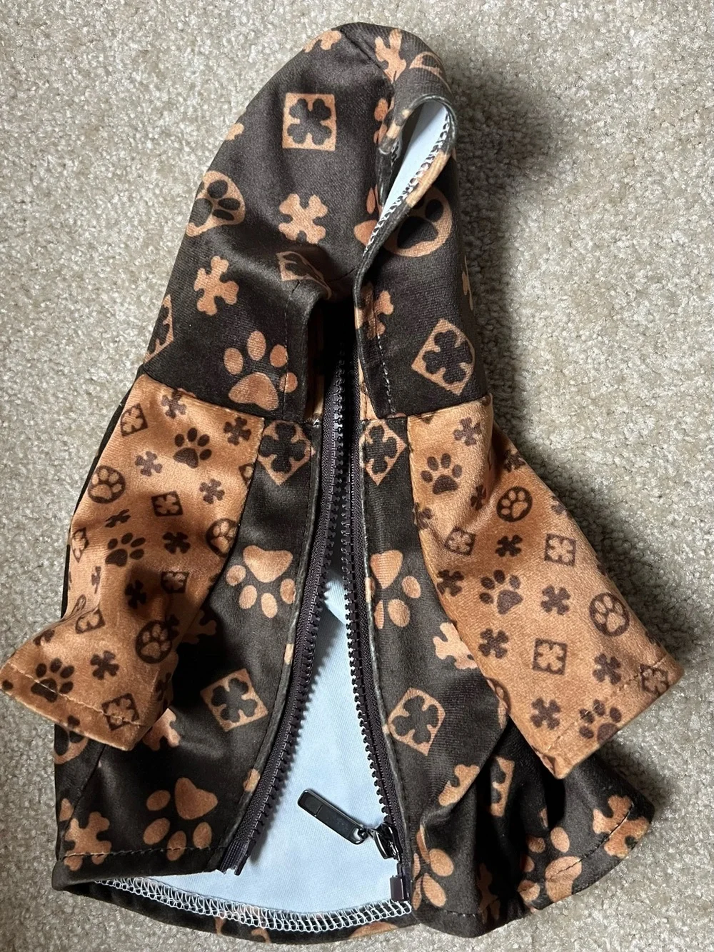 Brown Paw-Print Hooded Dog Coat for Small Dogs